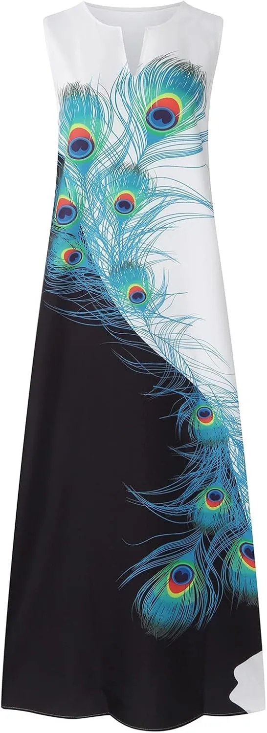 Women's Fashion Maxi Dresses Floral Boho Summer Dress Printed V Neck Sleeveless Casual Sundress with Pockets
